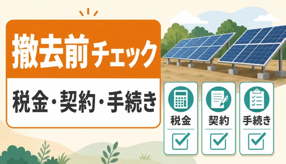 産業用太陽光の撤去前チェックを示す税金・契約・手続きのサムネイル
