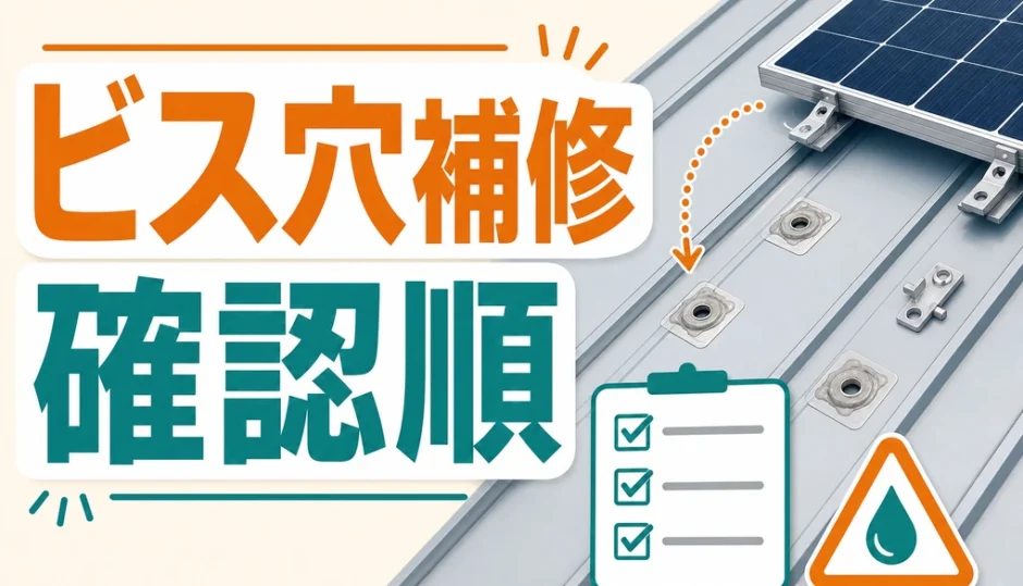 金属屋根の太陽光撤去でビス穴補修と確認順を示す図解