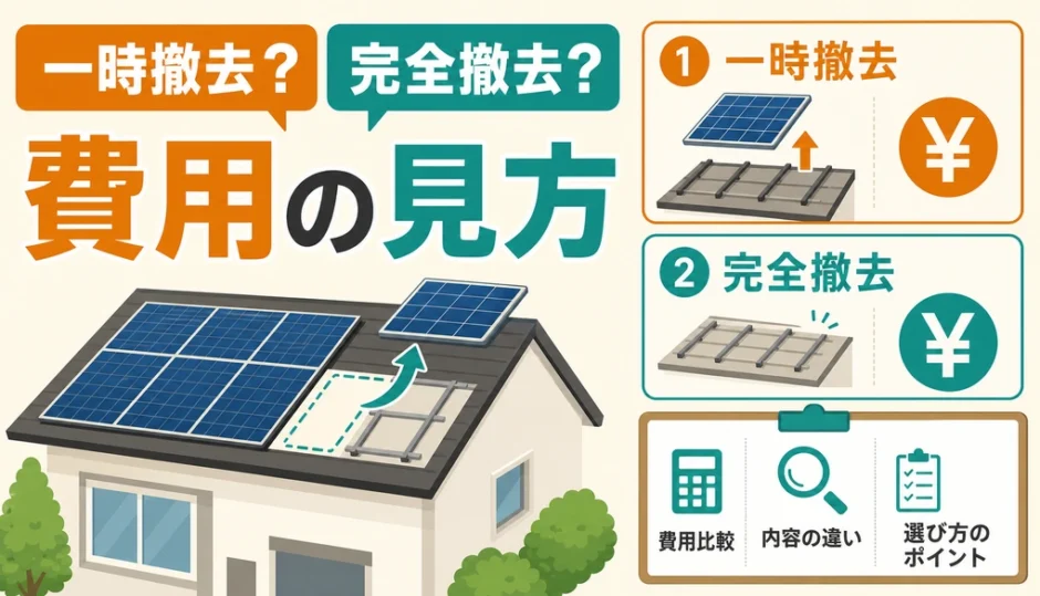 太陽光パネルの一時撤去と完全撤去の費用の見方を示すサムネイル