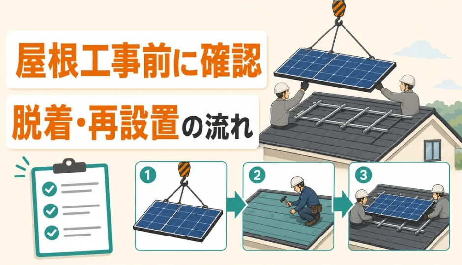 屋根工事前に太陽光パネルの脱着と再設置の流れを確認する図解