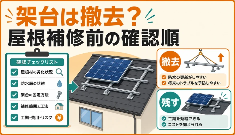 太陽光パネルの架台を撤去するか残すか、屋根補修前の確認順を示す図解