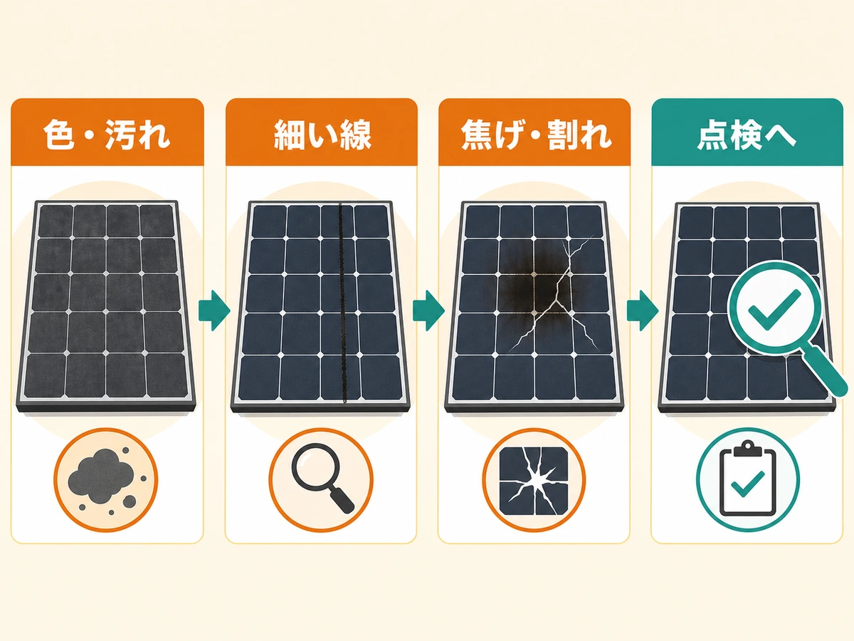 太陽光パネルの色や汚れ、細い線、焦げや割れを分けて点検へ進む判断図