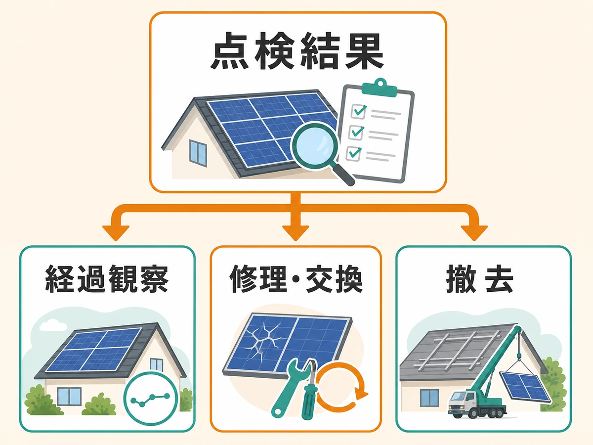 太陽光パネルの点検結果から経過観察、修理・交換、撤去へ分かれる判断図