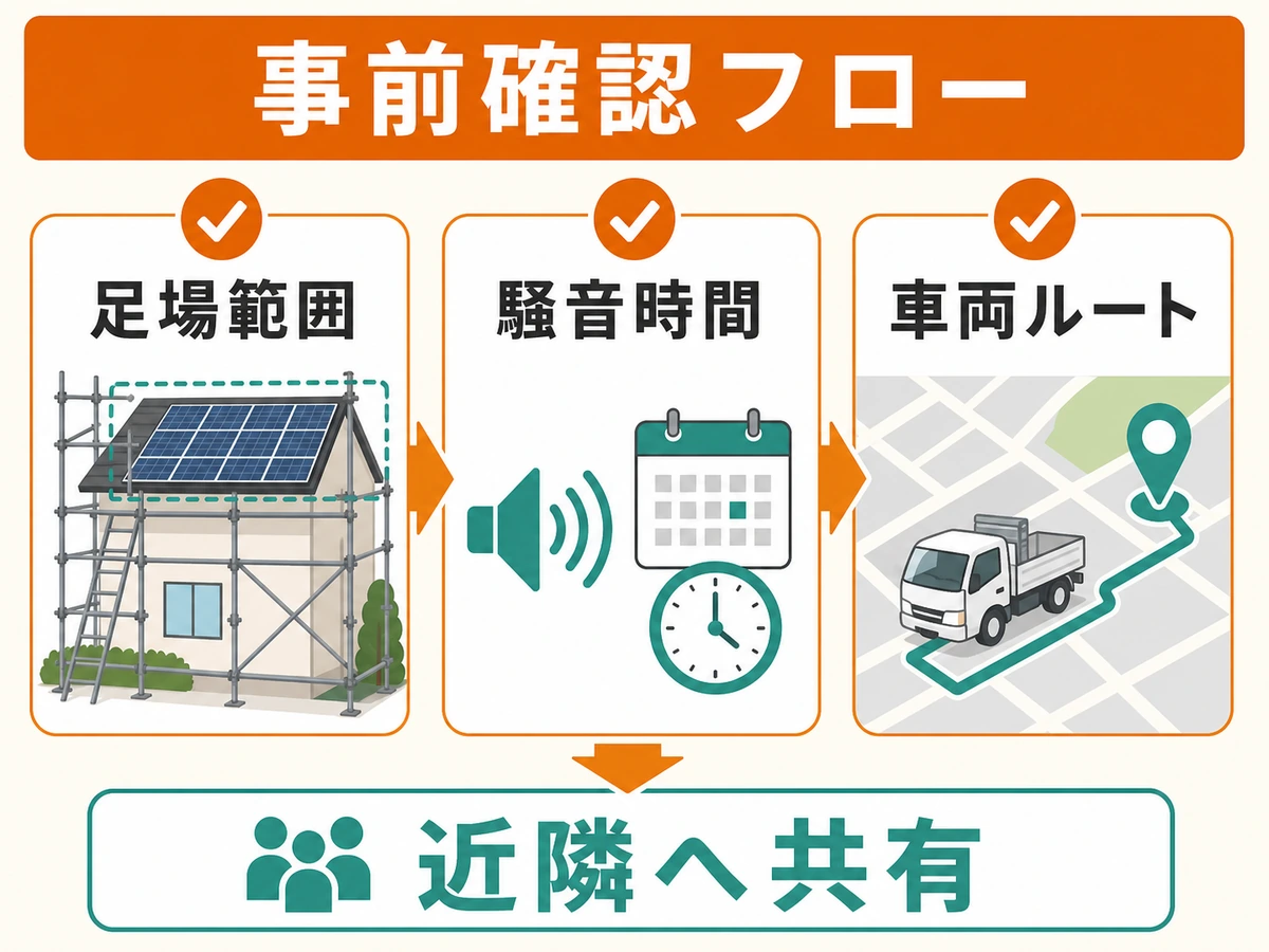 太陽光工事前に足場範囲、騒音時間、車両ルートを確認して近隣へ共有する流れ