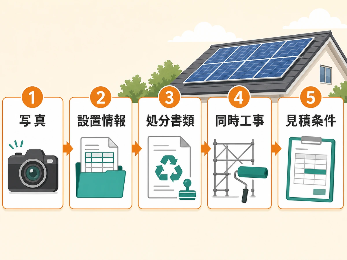 太陽光パネル撤去費用を抑えるための写真・設置情報・処分書類・同時工事・見積条件の確認フロー