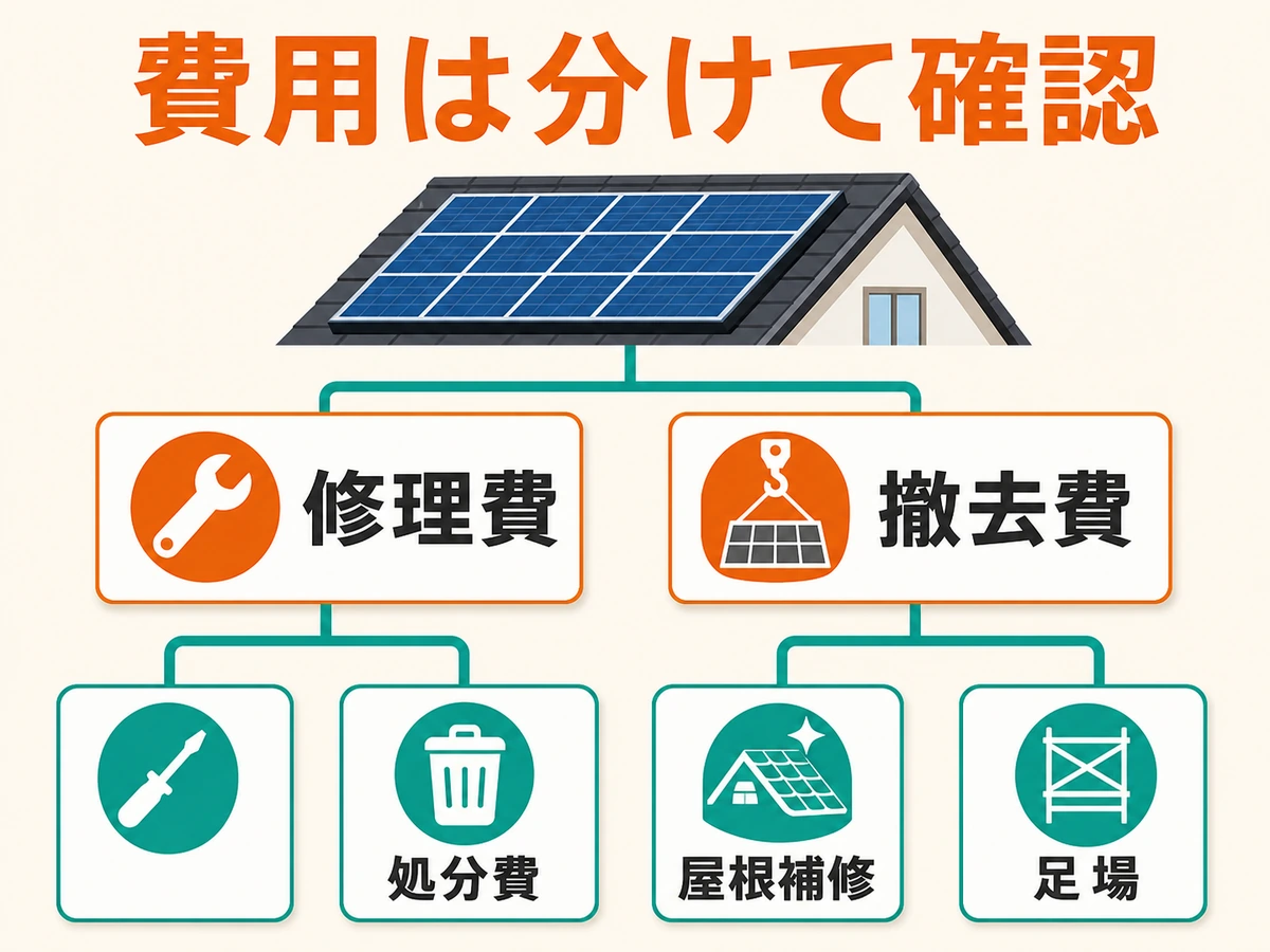 太陽光設備の修理費と撤去費、処分費、屋根補修費、足場を分けて確認する図