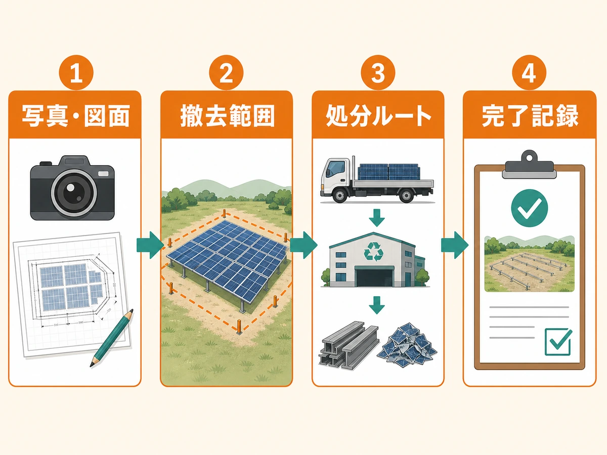 太陽光撤去の相見積もりでそろえる写真・図面、撤去範囲、処分ルート、完了記録