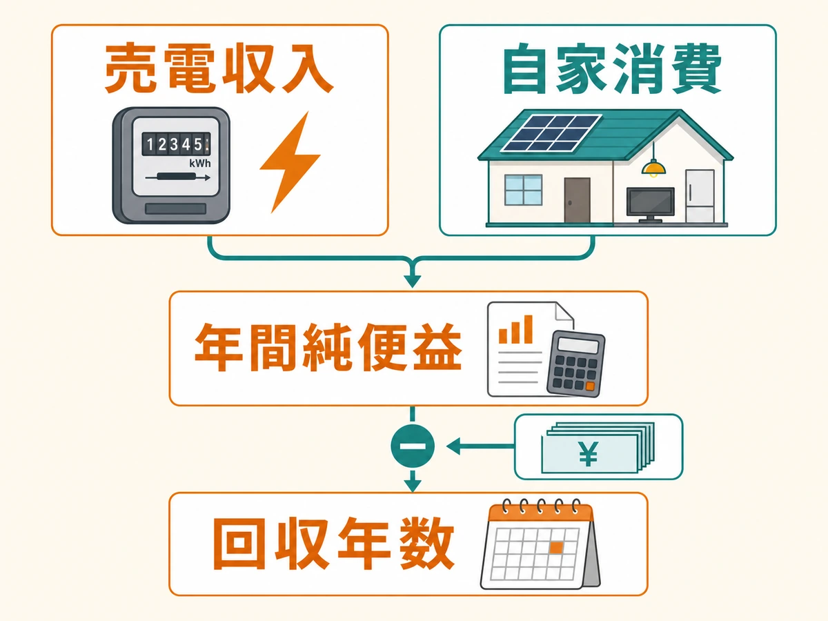 売電収入と自家消費から年間純便益と回収年数を出す計算フロー