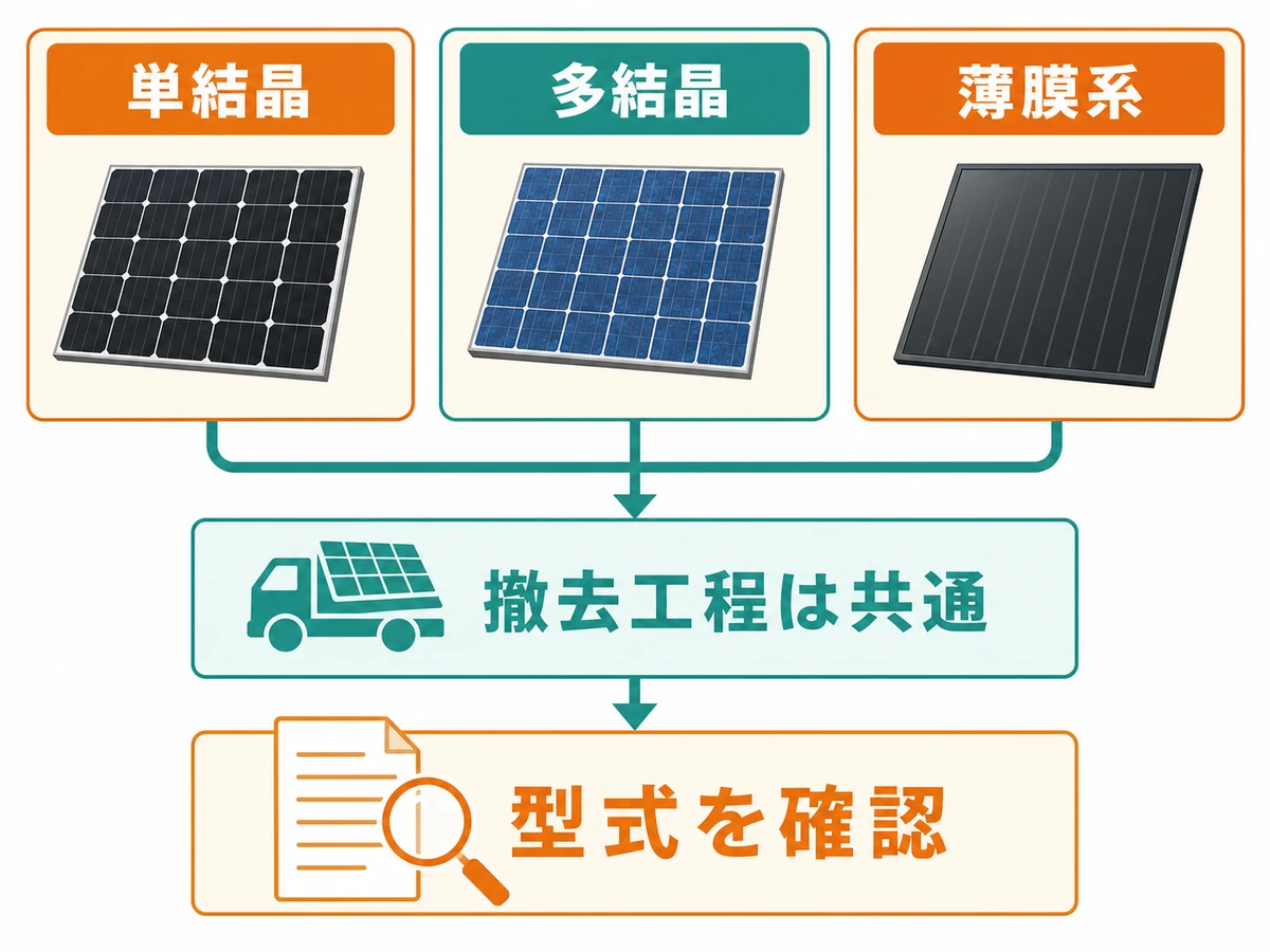 単結晶・多結晶・薄膜系の撤去工程は共通で、処分前に型式を確認する流れ