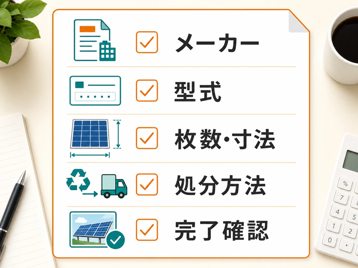 太陽光パネル撤去前にメーカー、型式、枚数・寸法、処分方法、完了確認をそろえるチェック表