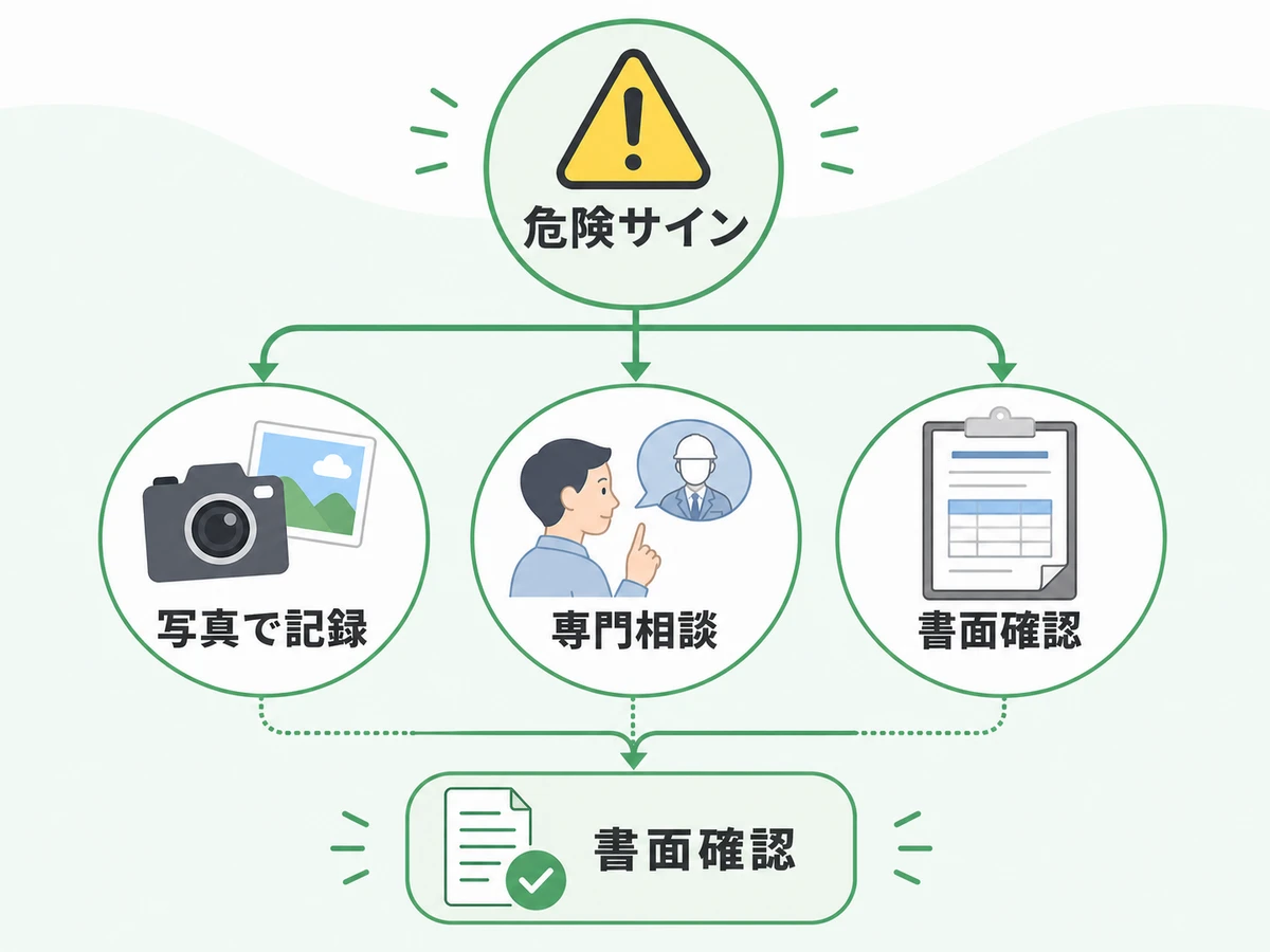 危険サインがある場合に写真記録・専門相談・書面確認へ進む判断チャート
