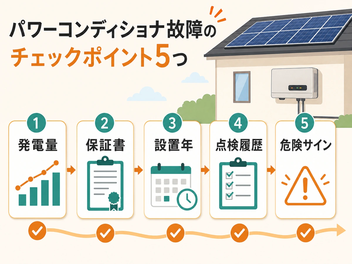 パワコン故障時に発電量、保証書、設置年、点検履歴、危険サインを確認する流れ