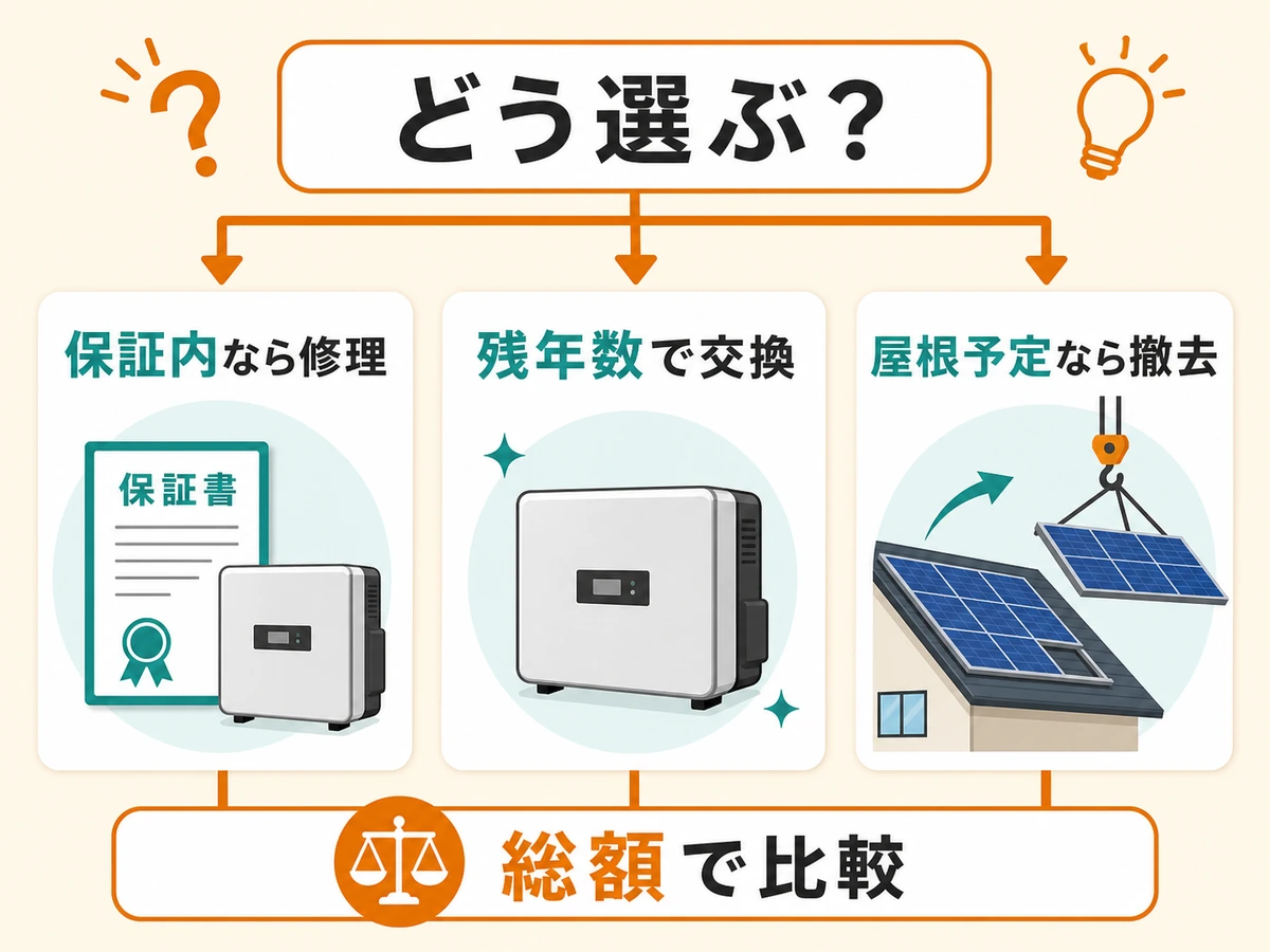パワコン故障時に保証内修理、残年数で交換、屋根予定で撤去を比較する判断チャート