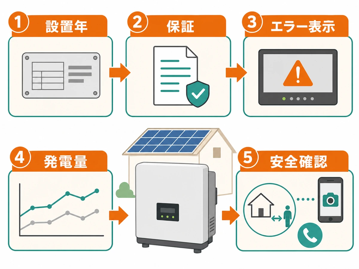 パワコンの設置年、保証、エラー表示、発電量、安全確認の順を示す図