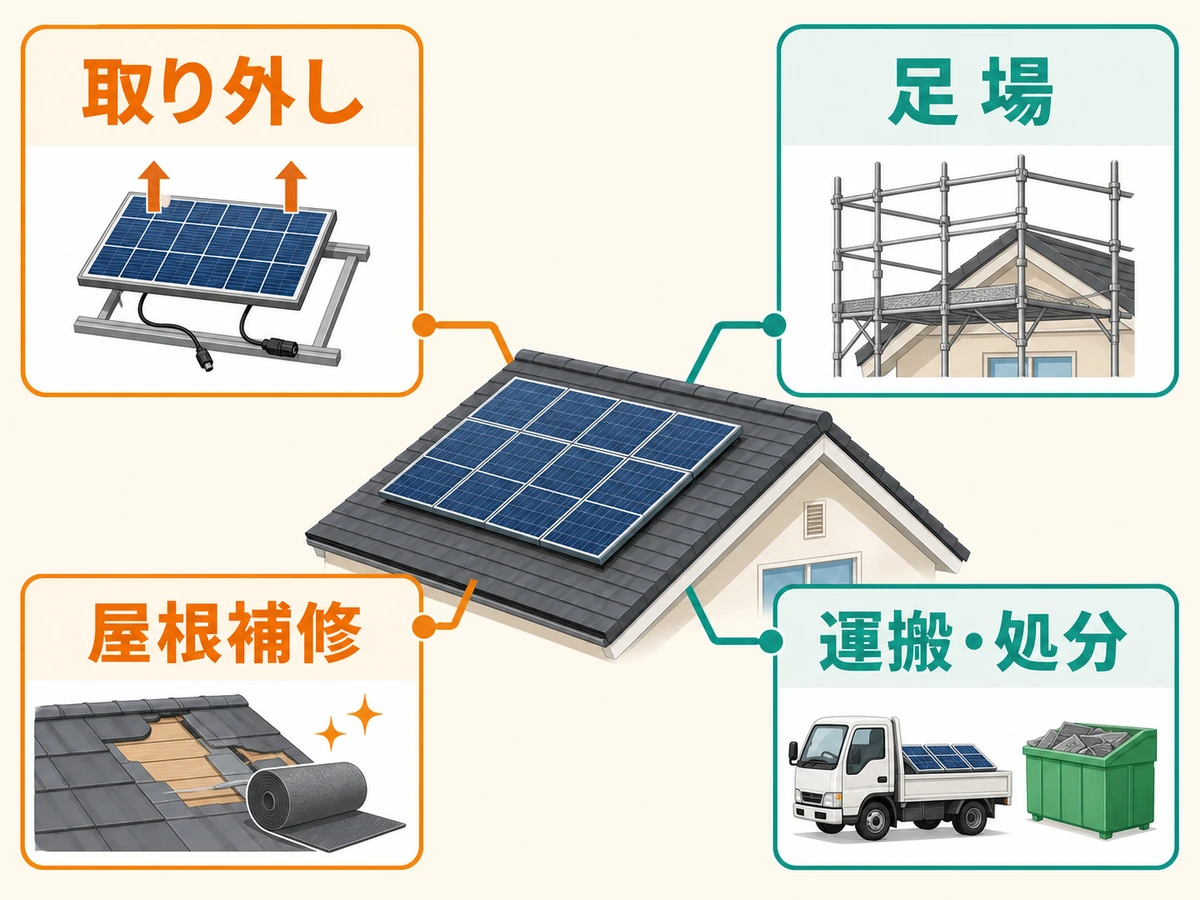太陽光撤去の見積を取り外し・足場・屋根補修・運搬処分に分ける費用要因図