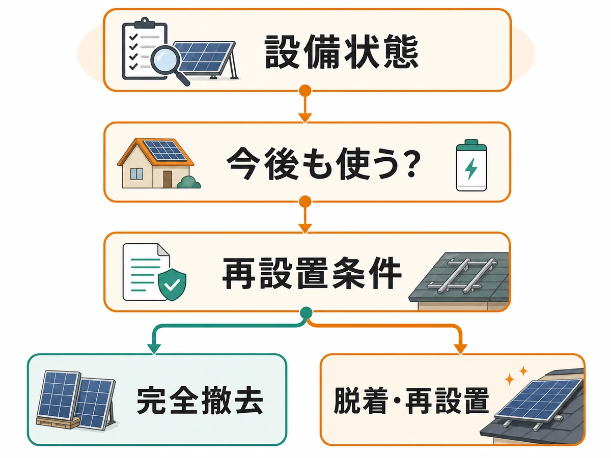 太陽光の設備状態と使用予定、再設置条件から完全撤去か脱着再設置を選ぶ判断図