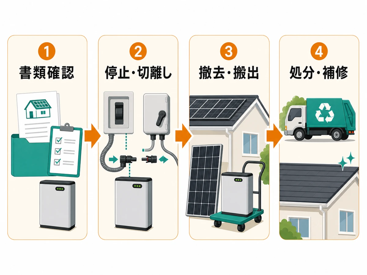 太陽光と蓄電池の撤去を書類確認から処分・補修まで示す流れ