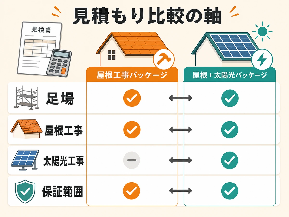 見積もりで比較する足場、屋根工事、太陽光工事、保証範囲の図
