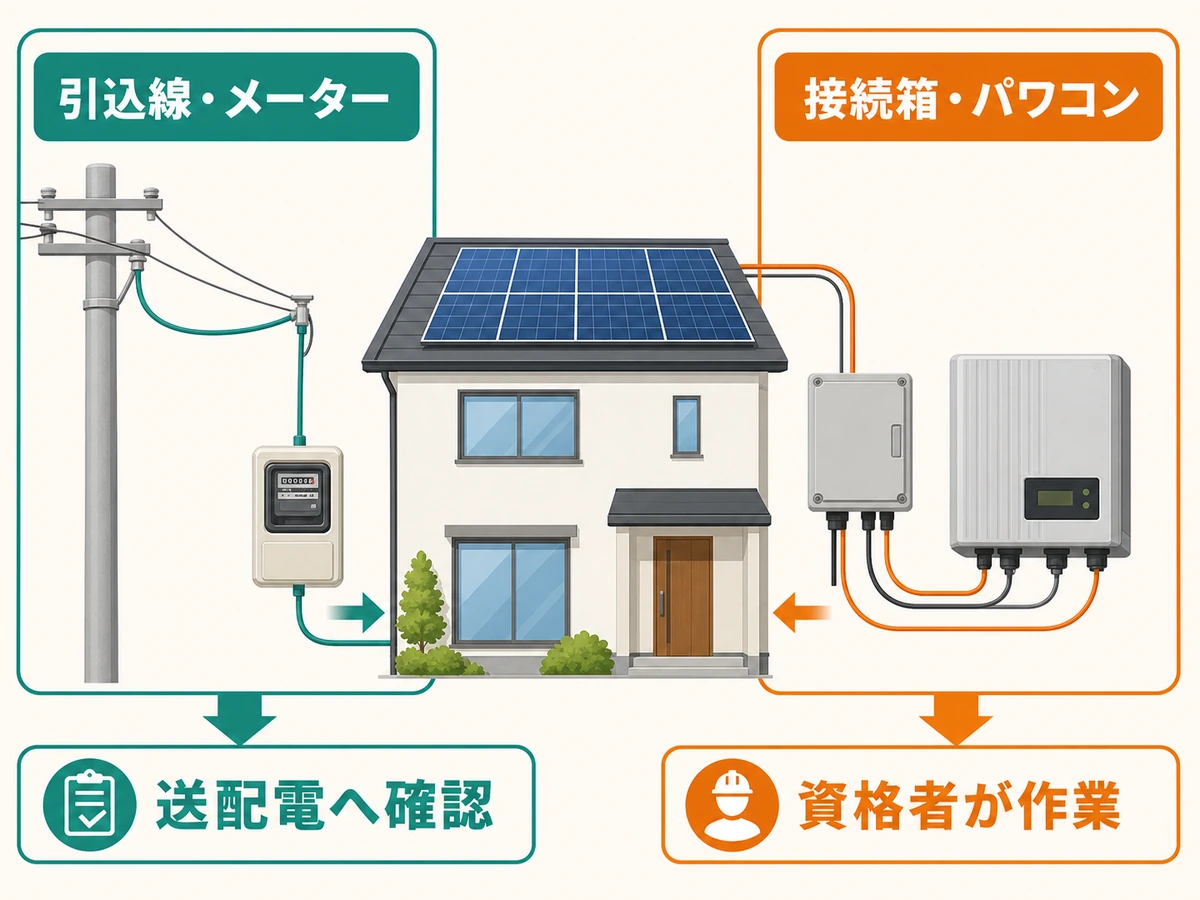 引込線・メーターと接続箱・パワコンの担当を分ける図