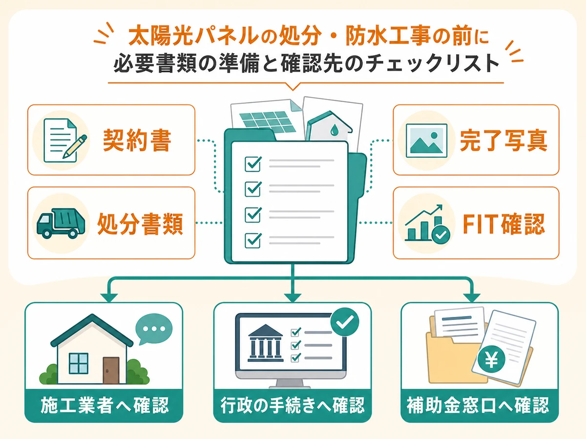 太陽光パネル撤去前に確認する契約書、処分書類、完了写真、FIT、補助金のチェックリスト