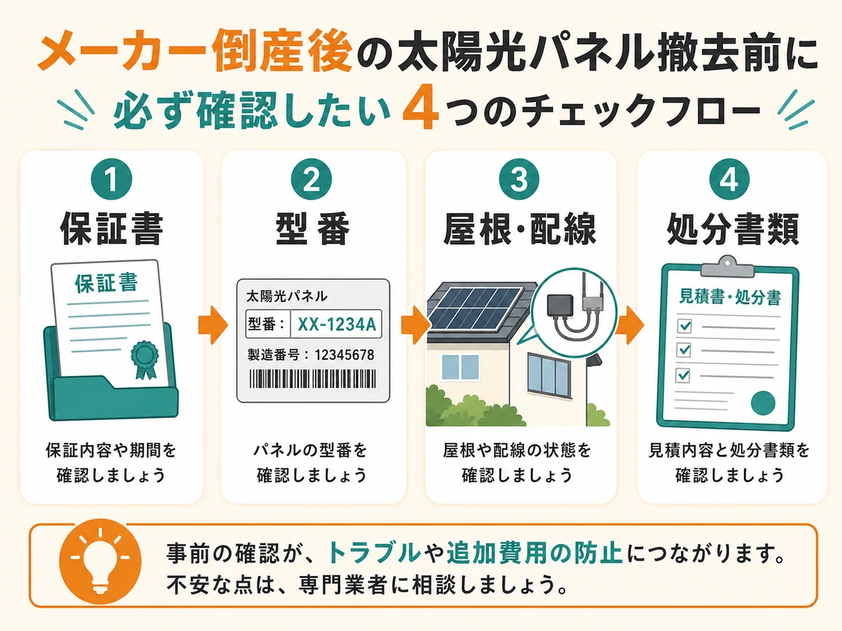 メーカー倒産後に太陽光パネル撤去前に確認する保証書・型番・屋根配線・処分書類の流れ