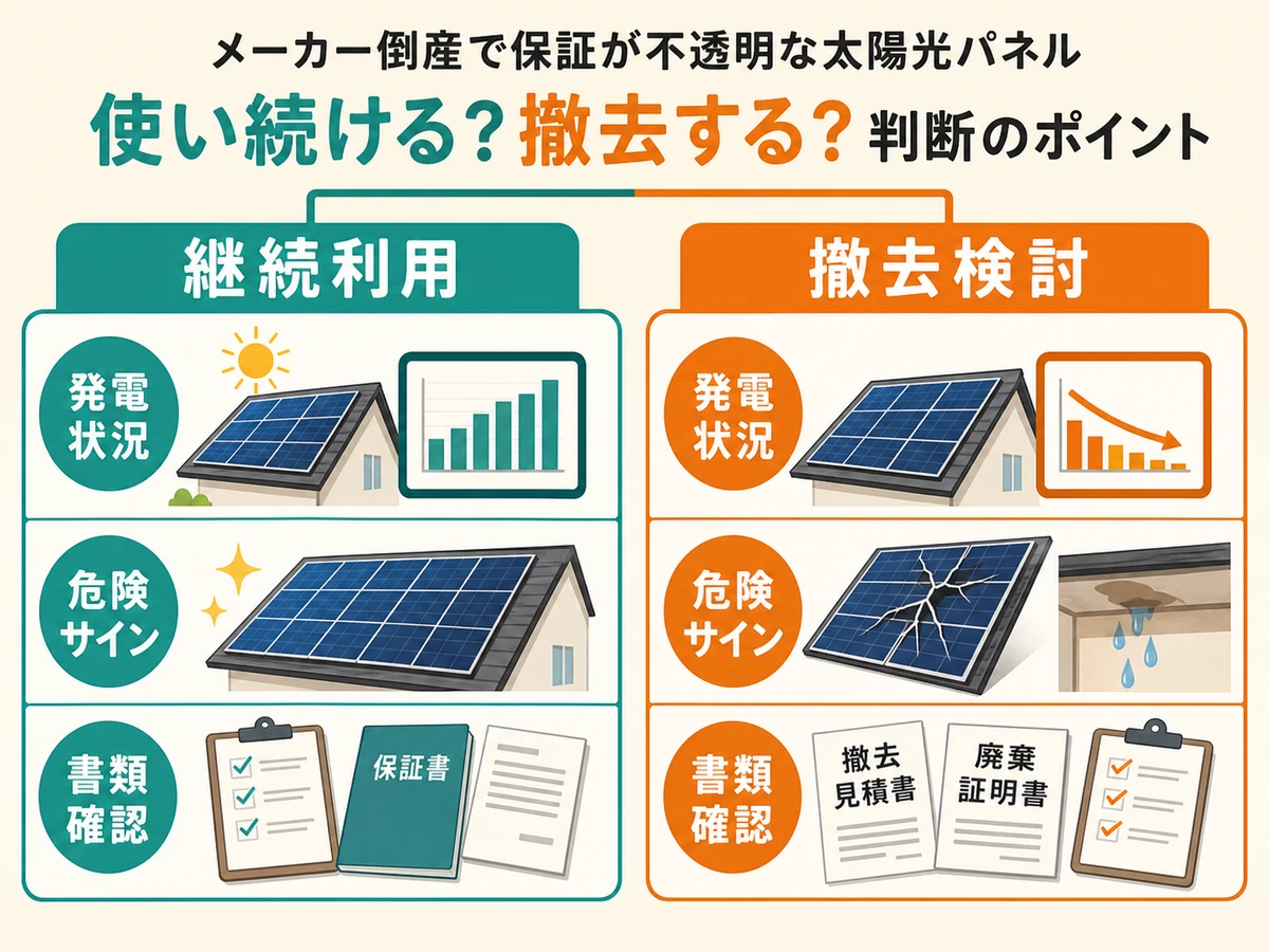 メーカー倒産で保証が不透明な太陽光パネルを継続利用するか撤去検討するかの判断図