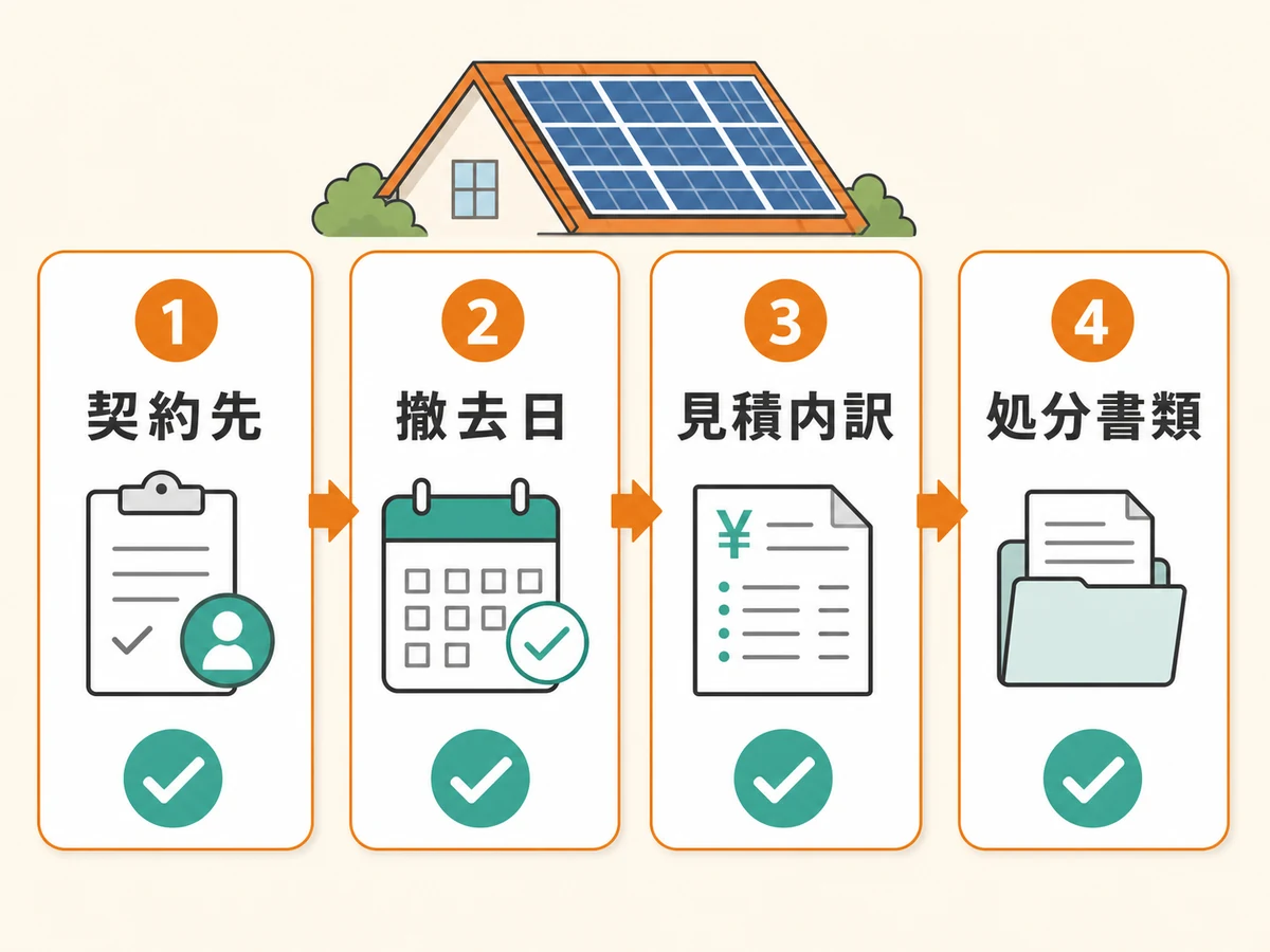 売電契約の解約前に契約先、撤去日、見積内訳、処分書類を確認する流れ