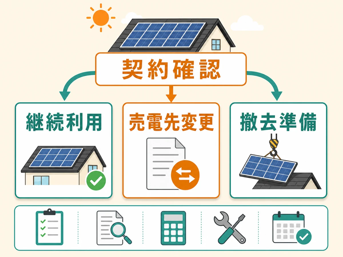 FIT終了後に契約確認から継続利用、売電先変更、撤去準備へ分けて考える図