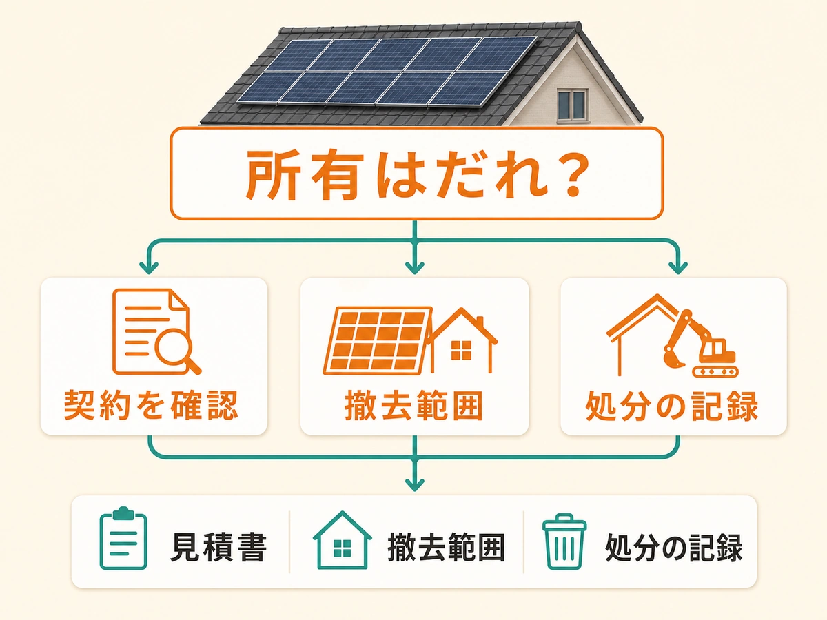 太陽光パネル撤去で所有者、契約、処分記録を確認するフロー図