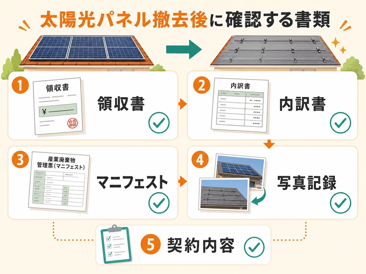 太陽光パネル撤去後に確認する領収書・内訳書・マニフェスト・写真記録・契約内容の図解