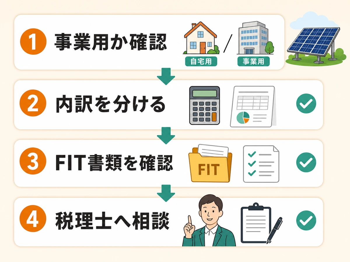 太陽光発電の撤去費で事業用確認・内訳分け・FIT書類確認・税理士相談を進める流れ
