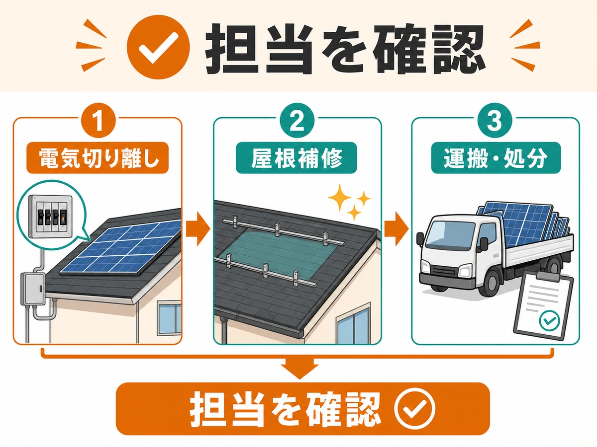 太陽光パネル撤去は屋根屋と電気屋どっちに頼む?役割分担と依頼先の選び方の確認ポイントを示す本文画像