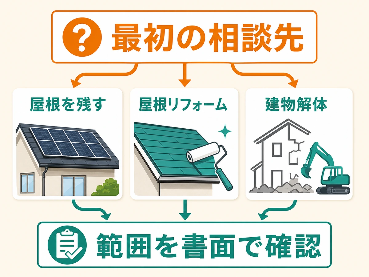 太陽光パネル撤去は屋根屋と電気屋どっちに頼む?役割分担と依頼先の選び方の確認ポイントを示す本文画像
