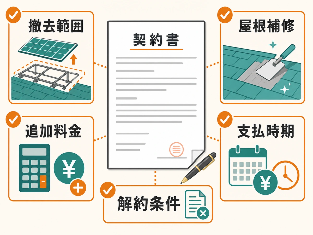 太陽光撤去の契約前に撤去範囲・屋根補修・追加料金・支払時期・解約条件を確認する図