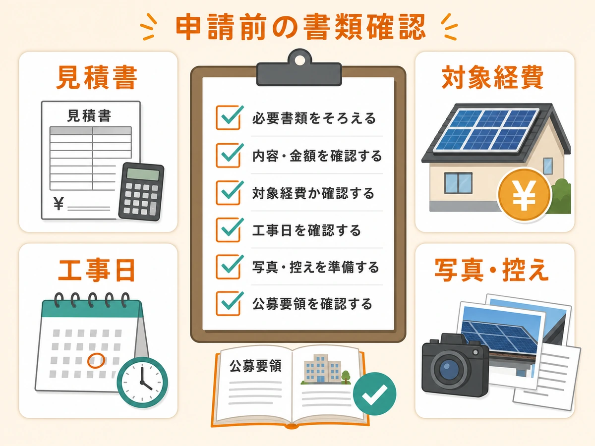 太陽光補助金の申請前に見積書や対象経費を確認するチェックリスト