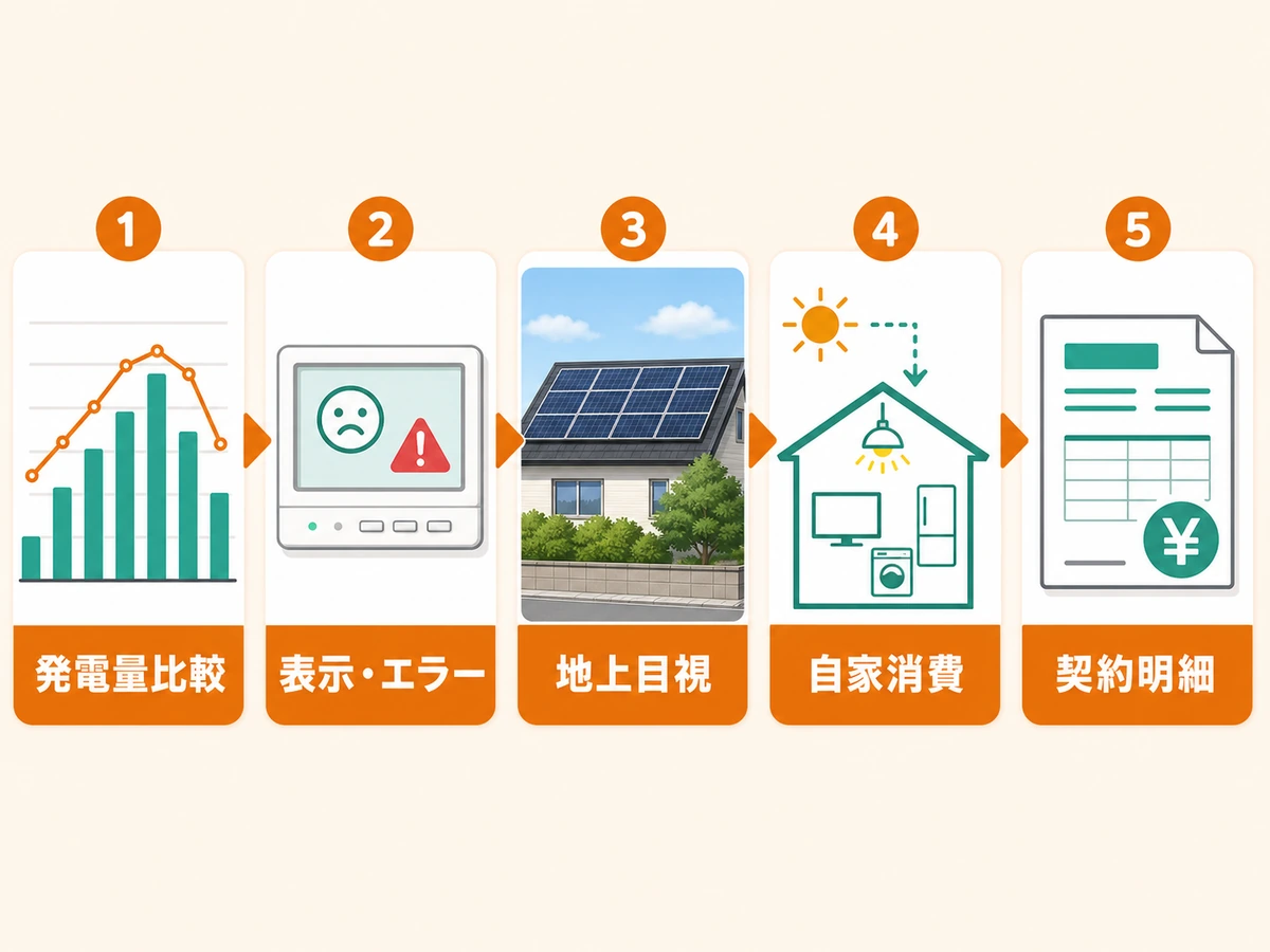 太陽光の売電量急減を確認する5項目の流れ
