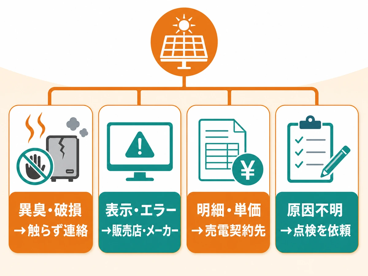 売電量急減の症状別に連絡先を分ける判断図
