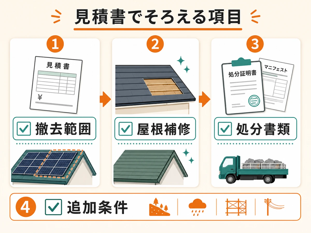 太陽光パネル撤去の相見積もりで撤去範囲・屋根補修・処分書類・追加条件を確認する図