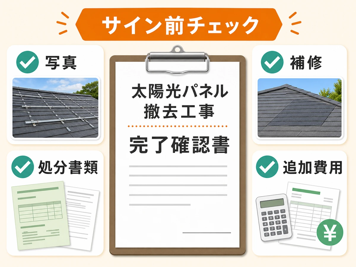 太陽光パネル撤去の完了確認書にサインする前に写真・補修・処分書類・追加費用を確認する図