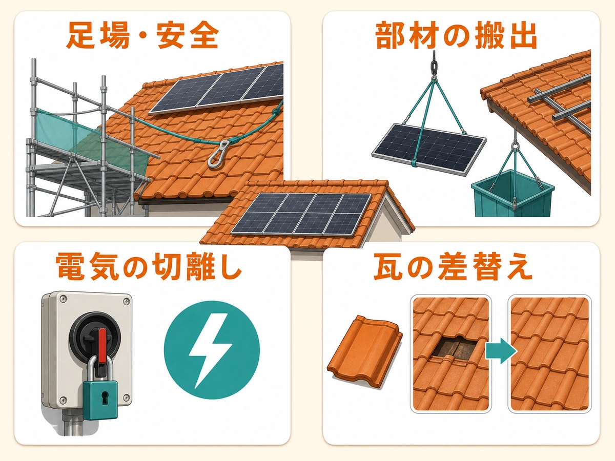 太陽光パネル撤去当日に確認する安全・搬出・電気・瓦補修の分担