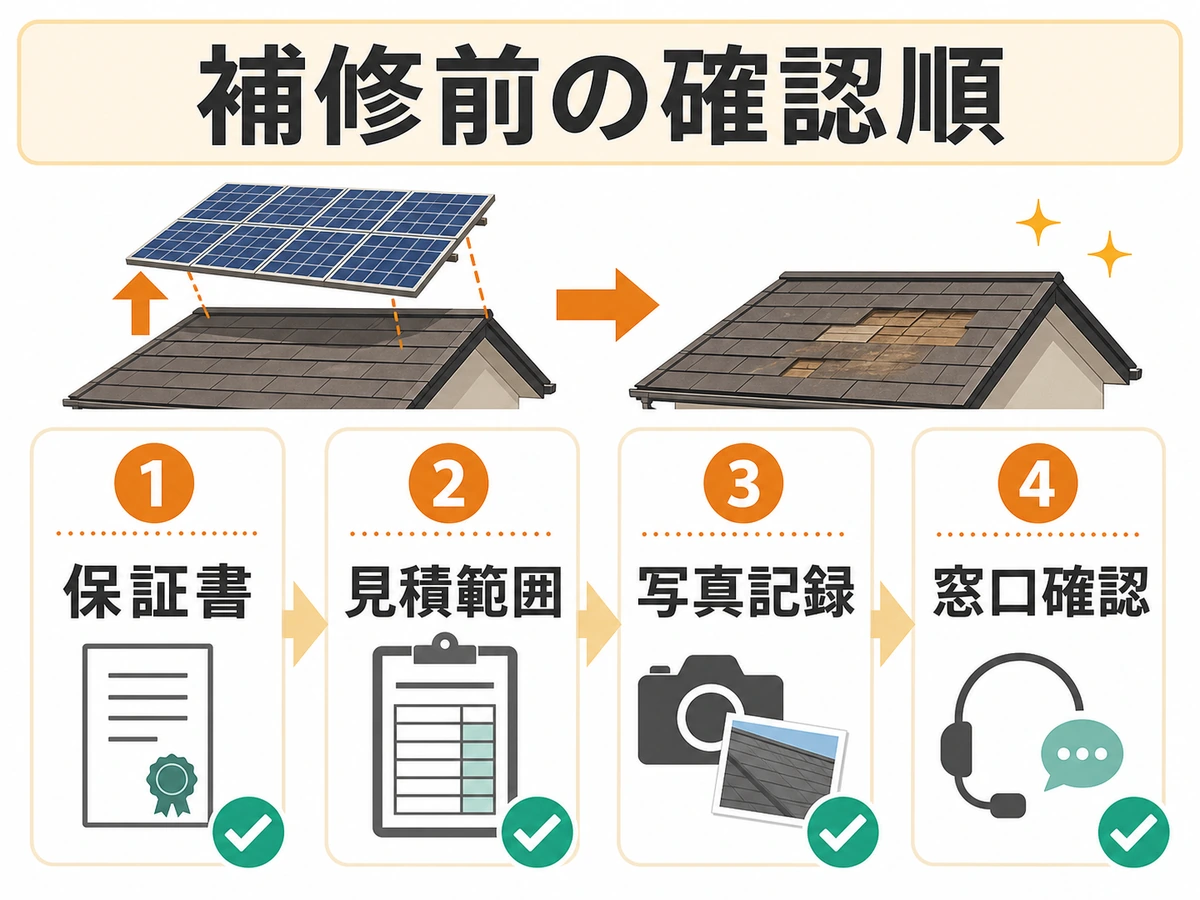 太陽光パネル撤去後の屋根補修前に確認する保証書、見積範囲、写真記録、窓口確認の流れ