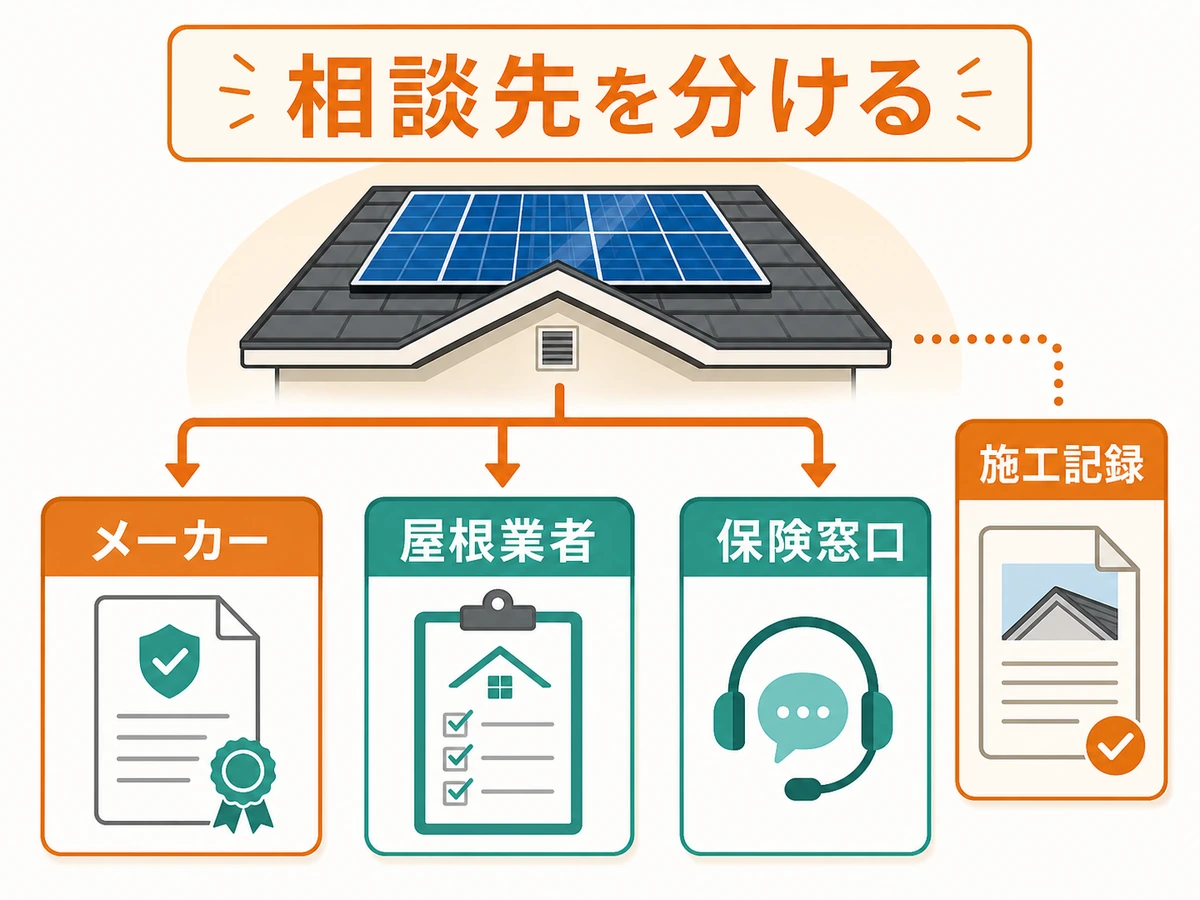 太陽光パネル撤去後の保証確認でメーカー、屋根業者、保険窓口、施工記録を分ける図