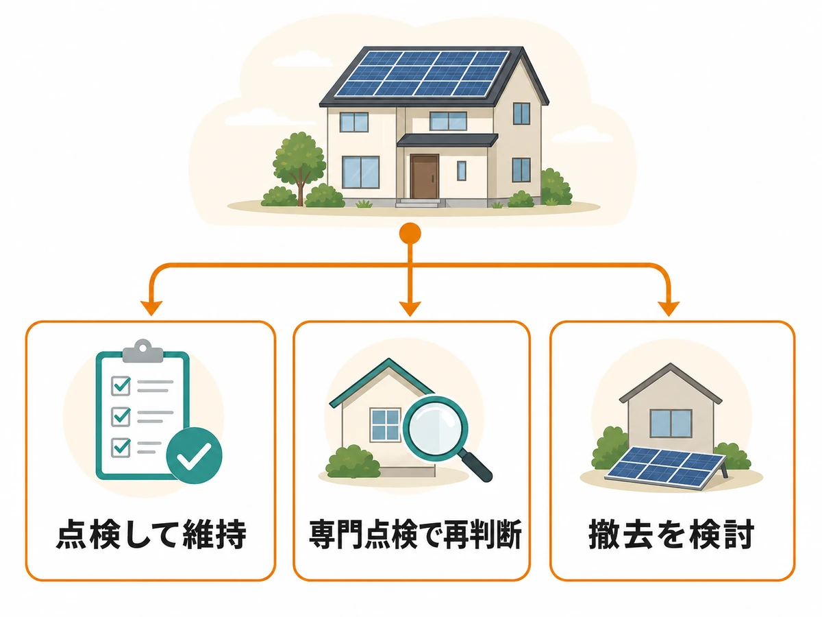 空き家の太陽光パネルを維持・専門点検・撤去に分ける判断図