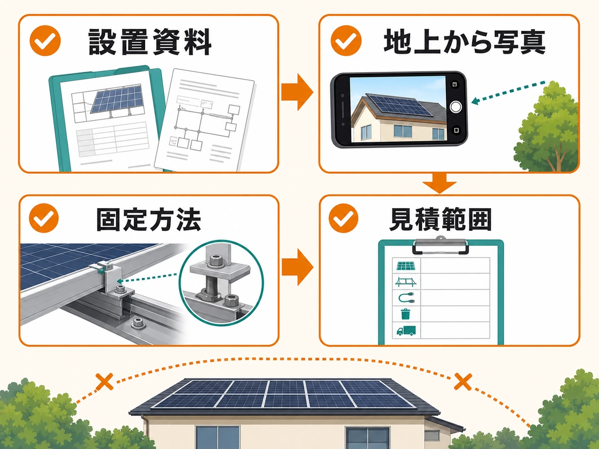 設置資料、地上からの写真、固定方法、見積範囲の確認順