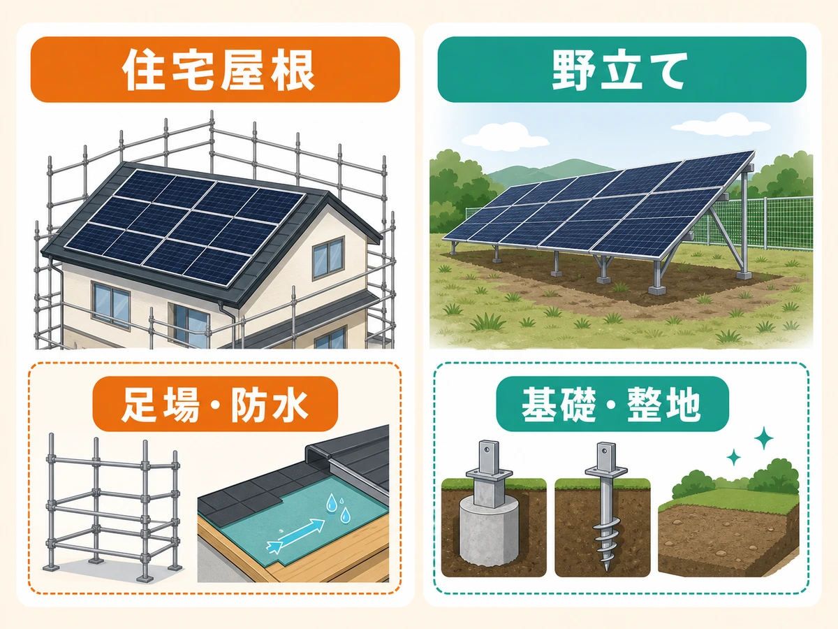 住宅屋根の足場・防水と野立ての基礎・整地を比較する図