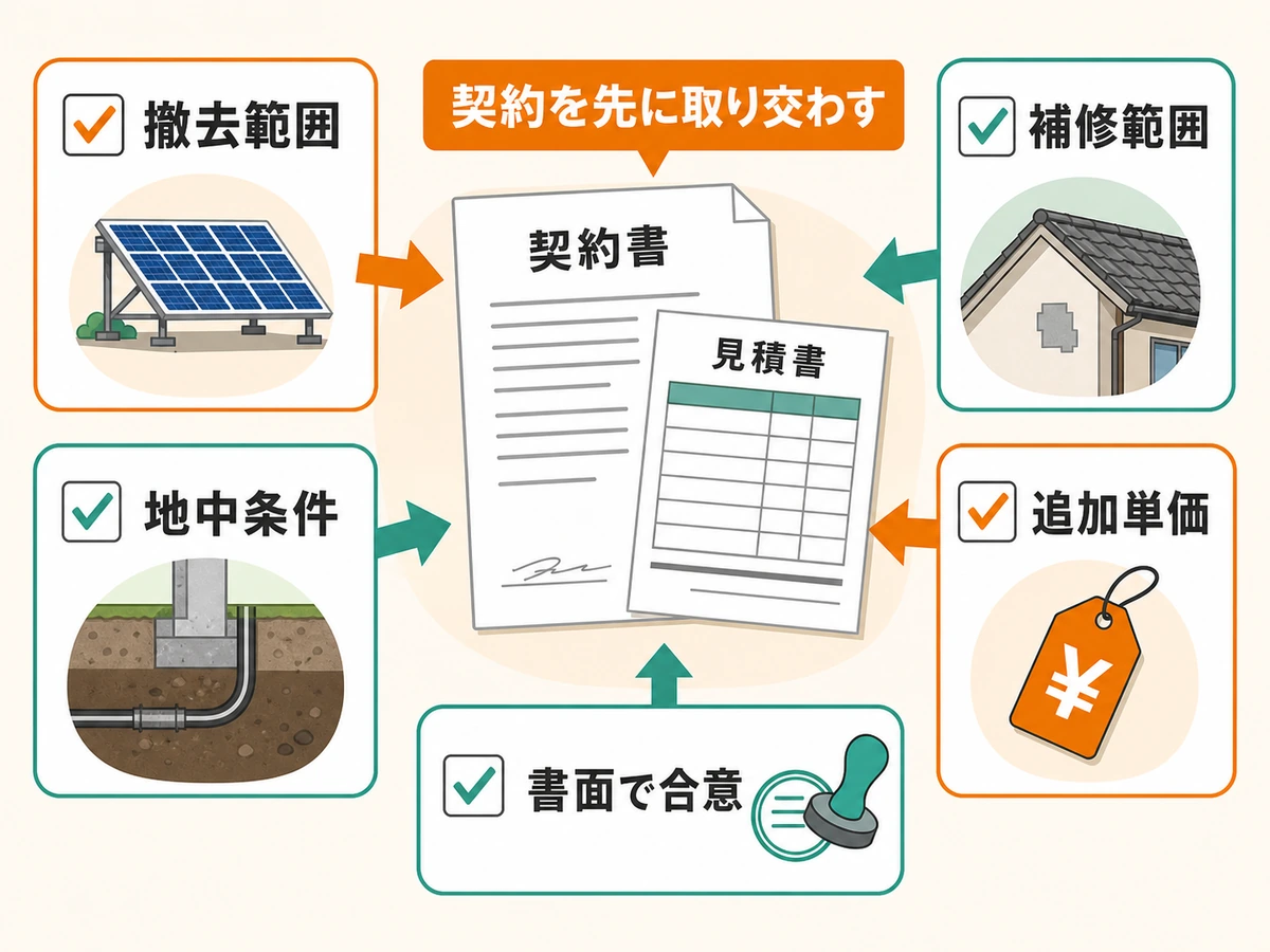 太陽光パネル撤去の契約前に撤去範囲・地中条件・補修範囲・追加単価を書面確認するチェック図