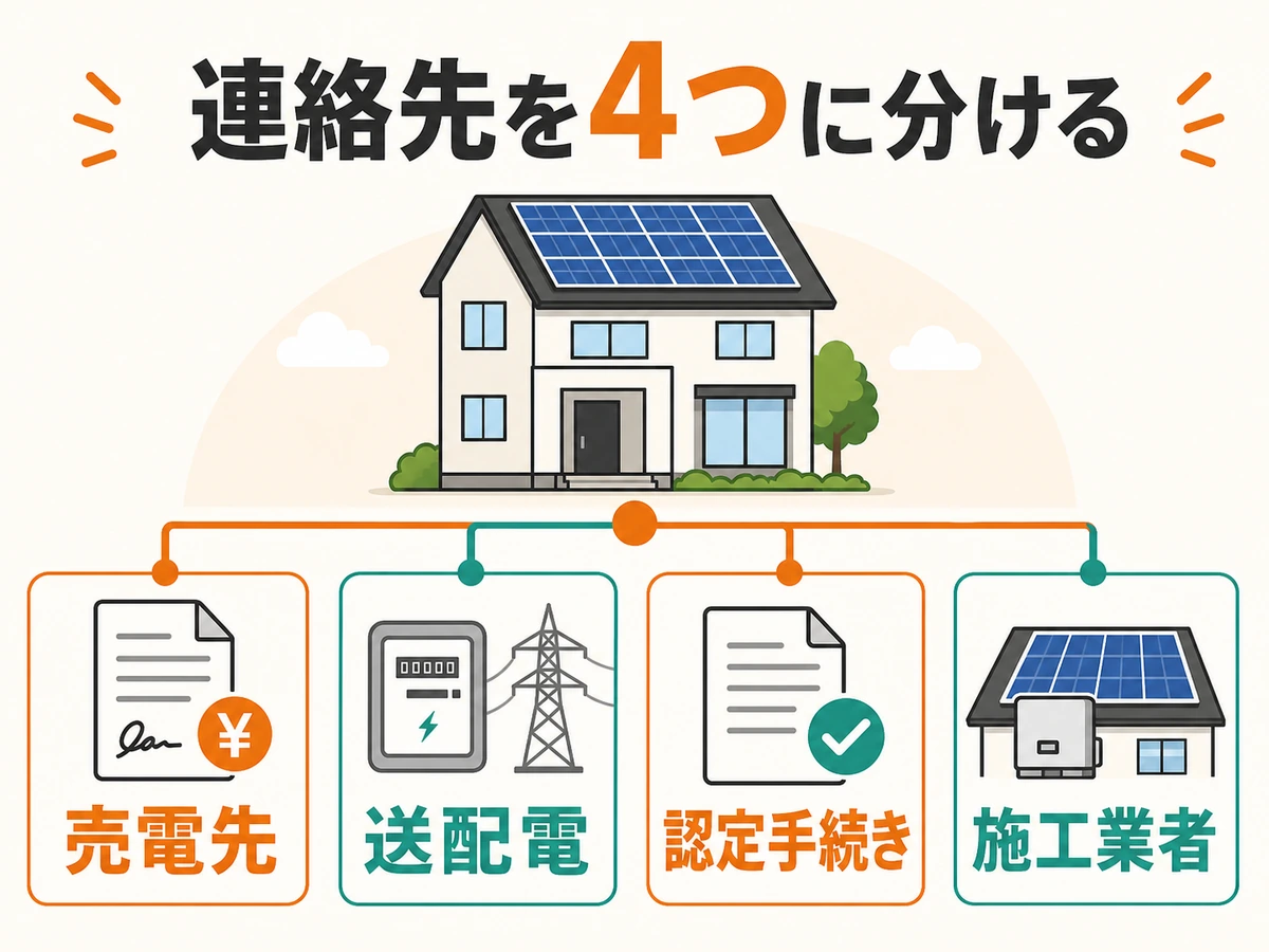 太陽光撤去の連絡先を売電先・送配電・認定手続き・施工業者に分けた図