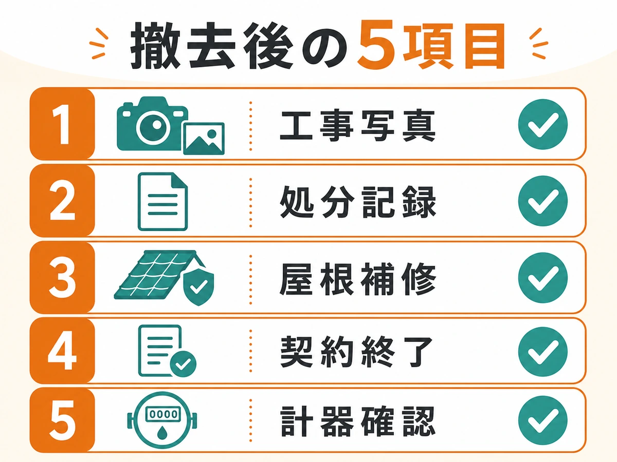 太陽光撤去後に工事写真・処分記録・屋根補修・契約終了・計器を確認する図