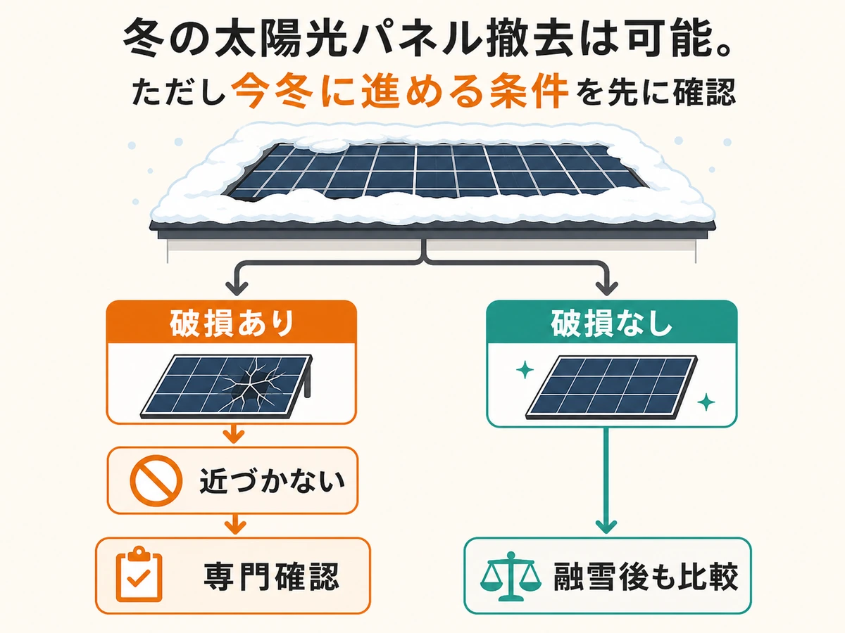 雪のある太陽光パネルに破損がある場合とない場合の撤去時期判断フロー