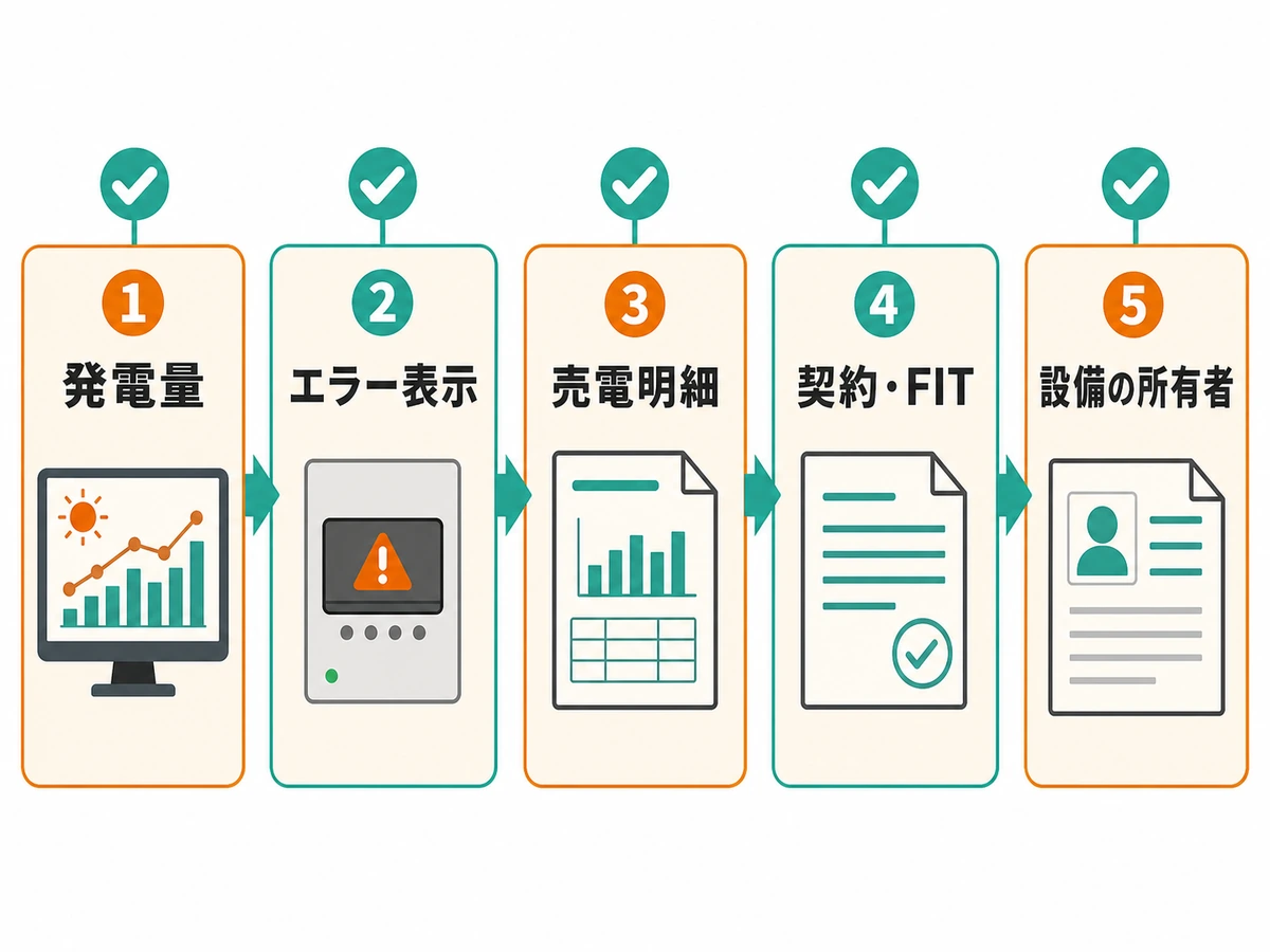 売電収入ゼロの原因を発電量・エラー表示・売電明細・契約・設備所有者の順に確認する図